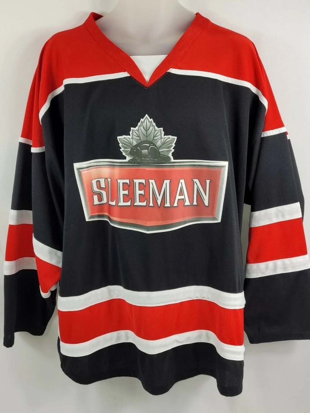 Sleeman Beer Hockey Jersey Long Sleeve Black Shirt Athletic Knit Mens size Large